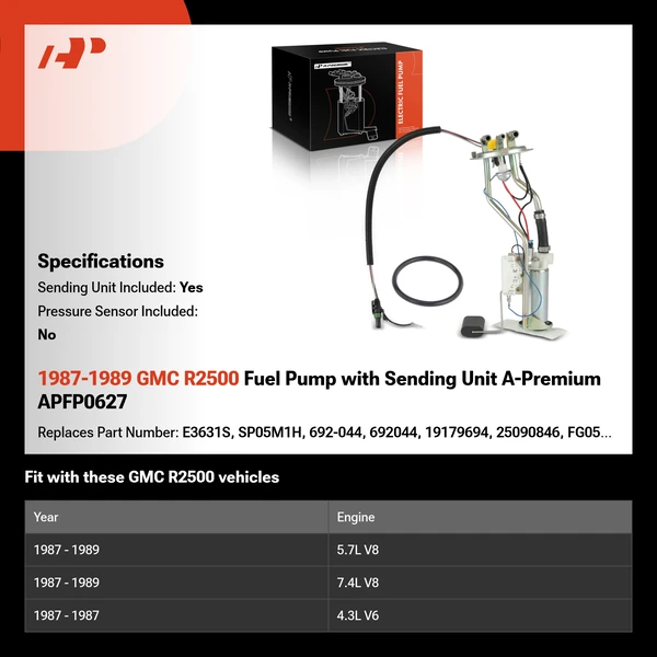 1987-1989 GMC R2500 Fuel Pump with Sending Unit A-Premium APFP0627