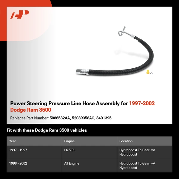 Power Steering Pressure Line Hose Assembly for 1997-2002 Dodge Ram 3500