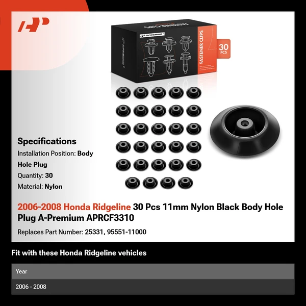 2006-2008 Honda Ridgeline 30 Pcs 11mm Nylon Black Body Hole Plug A-Premium APRCF3310