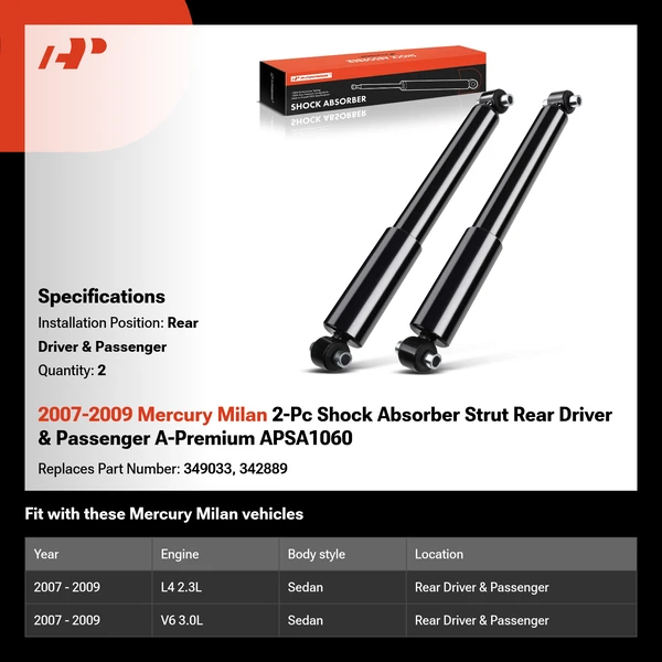 2007-2009 Mercury Milan 2-Pc Shock Absorber Strut Rear Driver & Passenger A-Premium APSA1060