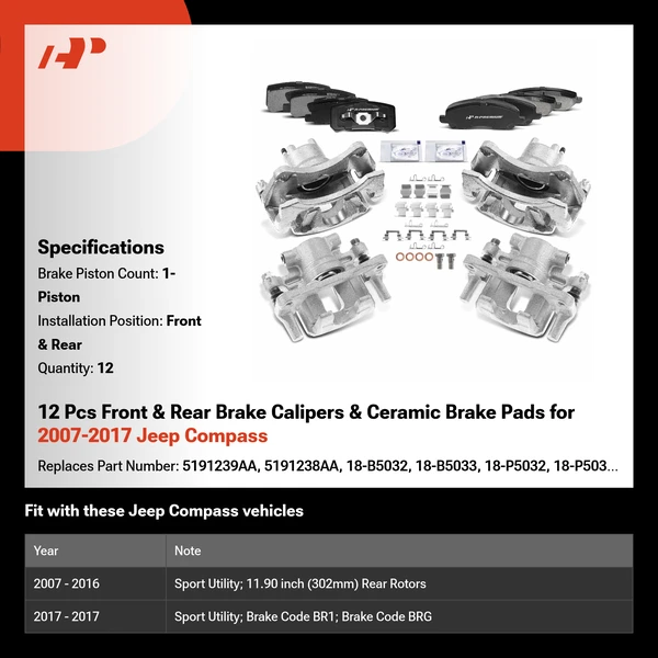 12 Pcs Front & Rear Brake Calipers & Ceramic Brake Pads for 2007-2017 Jeep Compass