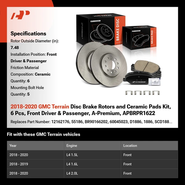 2018-2020 GMC Terrain Disc Brake Rotors and Ceramic Pads Kit, 6 Pcs, Front Driver & Passenger, A-Premium, APBRPR1622