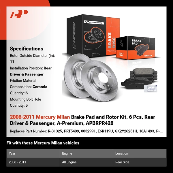 2006-2011 Mercury Milan Brake Pad and Rotor Kit, 6 Pcs, Rear Driver & Passenger, A-Premium, APBRPR428
