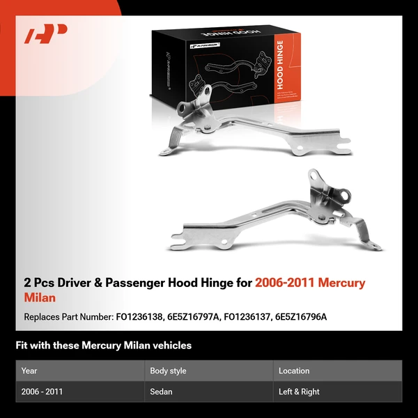 2 Pcs Driver & Passenger Hood Hinge for 2006-2011 Mercury Milan