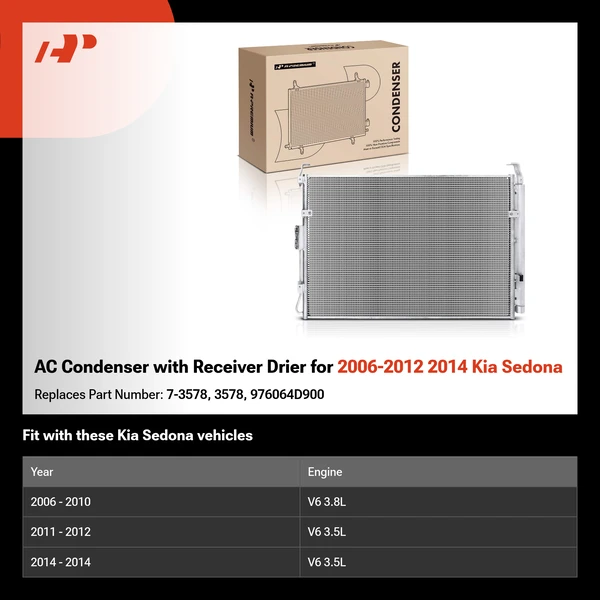 AC Condenser with Receiver Drier for 2006-2012 2014 Kia Sedona