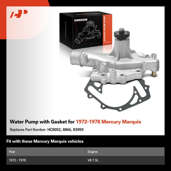 Water Pump with Gasket for 1972-1978 Mercury Marquis