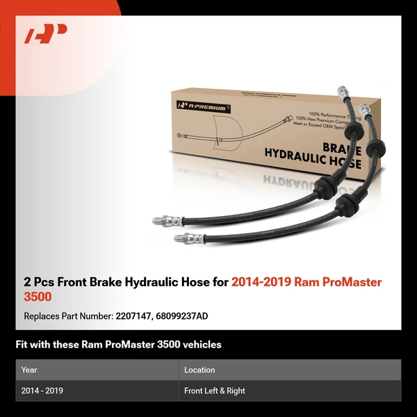 2 Pcs Front Brake Hydraulic Hose for 2014-2019 Ram ProMaster 3500