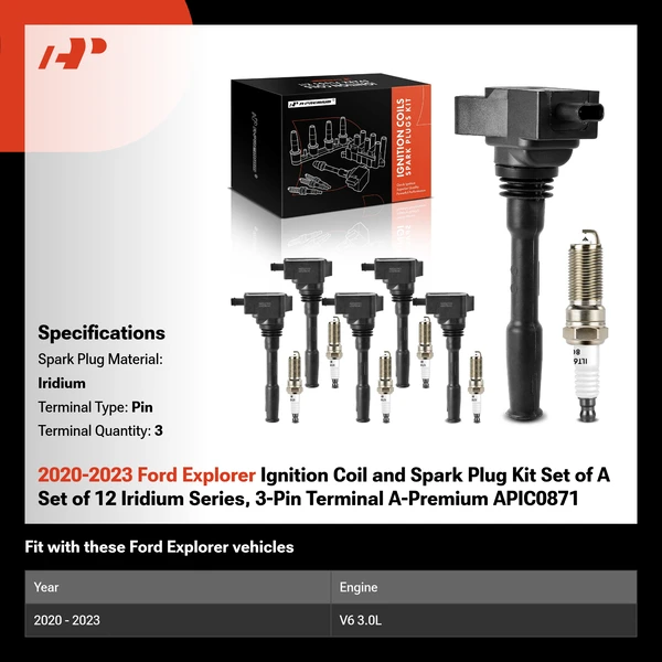 2020-2023 Ford Explorer Ignition Coil and Spark Plug Kit Set of A Set of 12 Iridium Series, 3-Pin Terminal A-Premium APIC0871