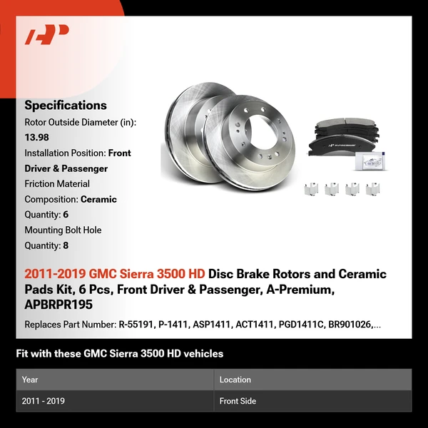 2011-2019 GMC Sierra 3500 HD Disc Brake Rotors and Ceramic Pads Kit, 6 Pcs, Front Driver & Passenger, A-Premium, APBRPR195
