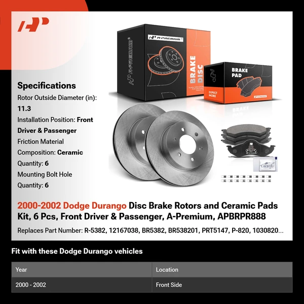 2000-2002 Dodge Durango Disc Brake Rotors and Ceramic Pads Kit, 6 Pcs, Front Driver & Passenger, A-Premium, APBRPR888