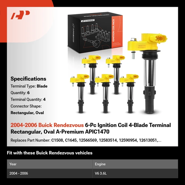 2004-2006 Buick Rendezvous 6-Pc Ignition Coil 4-Blade Terminal Rectangular, Oval A-Premium APIC1470