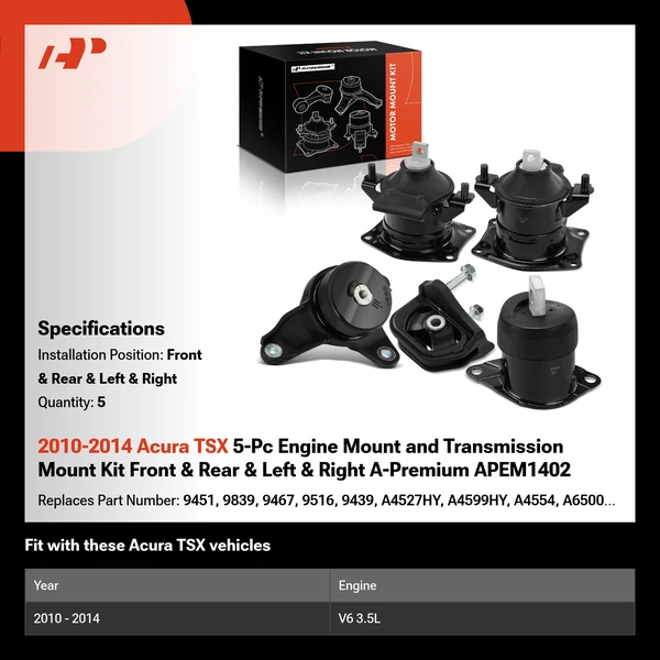 2010-2014 Acura TSX 5-Pc Engine Mount and Transmission Mount Kit Front & Rear & Left & Right A-Premium APEM1402