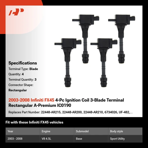 2003-2008 Infiniti FX45 4-Pc Ignition Coil 3-Blade Terminal Rectangular A-Premium IC0190