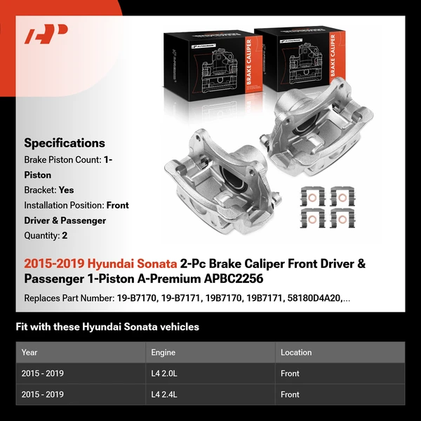 2015-2019 Hyundai Sonata 2-Pc Brake Caliper Front Driver & Passenger 1-Piston A-Premium APBC2256