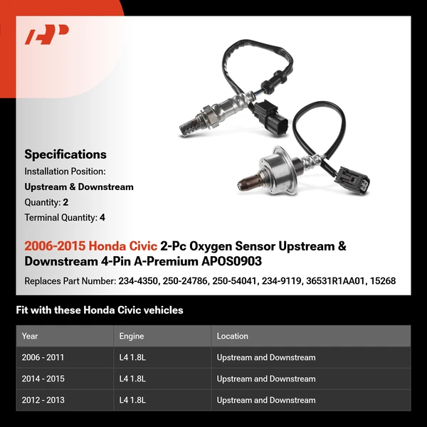 2006-2015 Honda Civic 2-Pc Oxygen Sensor Upstream & Downstream 4-Pin A-Premium APOS0903