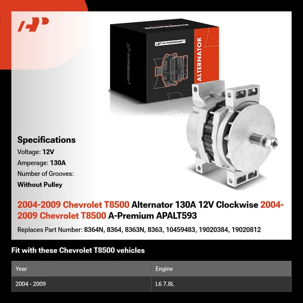 2004-2009 Chevrolet T8500 Alternator 130A 12V Clockwise 2004-2009 Chevrolet T8500 A-Premium APALT593