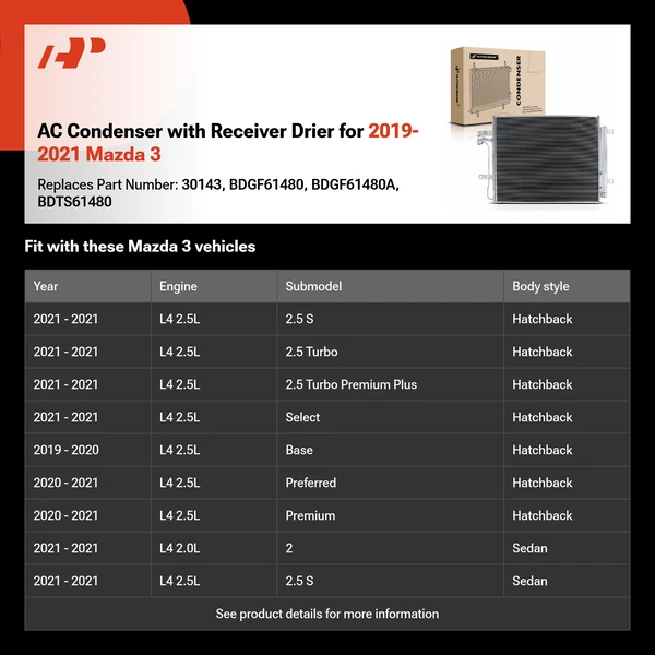 AC Condenser with Receiver Drier for 2019-2021 Mazda 3