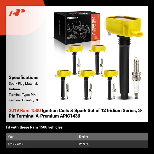 2019 Ram 1500 Ignition Coils & Spark Set of 12 Iridium Series, 3-Pin Terminal A-Premium APIC1436
