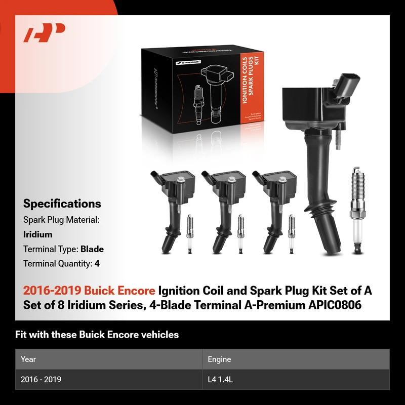 2016-2019 Buick Encore Ignition Coil and Spark Plug Kit Set of A Set of 8 Iridium Series, 4-Blade Terminal A-Premium APIC0806