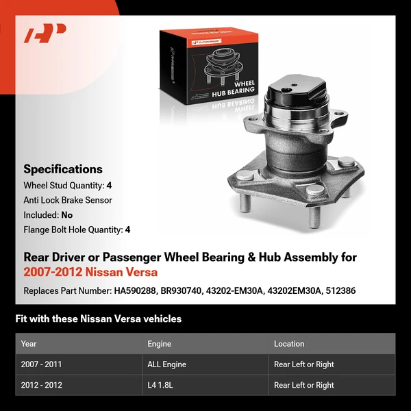 Rear Driver or Passenger Wheel Bearing & Hub Assembly for 2007-2012 Nissan Versa