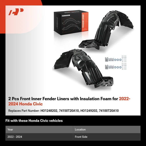 2 Pcs Front Inner Fender Liners with Insulation Foam for 2022-2024 Honda Civic
