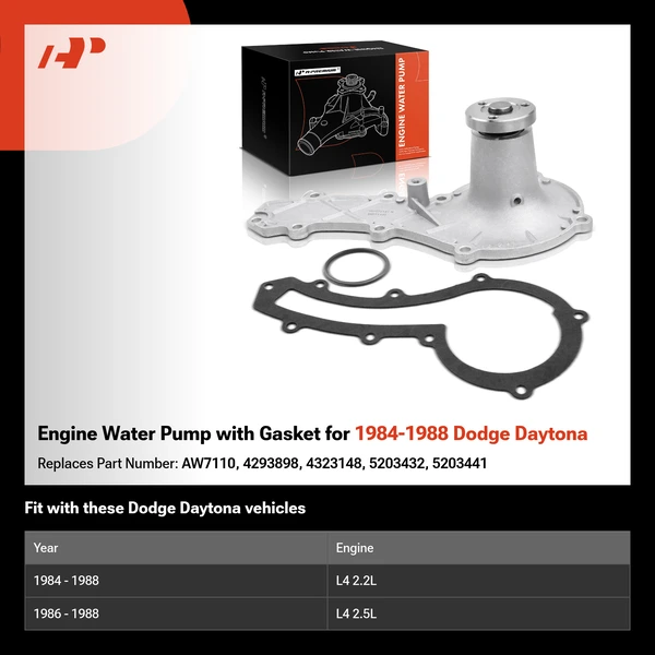 Engine Water Pump with Gasket for 1984-1988 Dodge Daytona