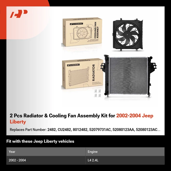 2 Pcs Radiator & Cooling Fan Assembly Kit for 2002-2004 Jeep Liberty