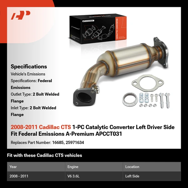 2008-2011 Cadillac CTS 1-PC Catalytic Converter Left Driver Side Fit Federal Emissions A-Premium APCCT031