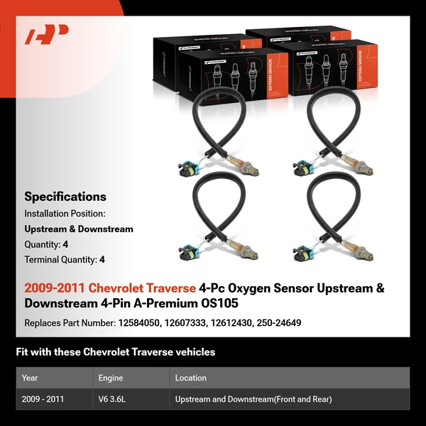 2009-2011 Chevrolet Traverse 4-Pc Oxygen Sensor Upstream & Downstream 4-Pin A-Premium OS105