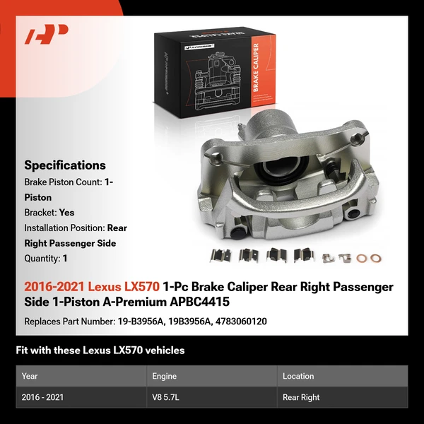 2016-2021 Lexus LX570 1-Pc Brake Caliper Rear Right Passenger Side 1-Piston A-Premium APBC4415