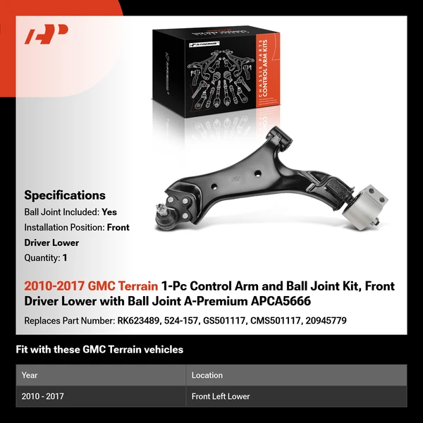 2010-2017 GMC Terrain 1-Pc Control Arm and Ball Joint Kit, Front Driver Lower with Ball Joint A-Premium APCA5666