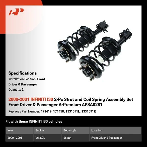 2000-2001 INFINITI I30 2-Pc Strut and Coil Spring Assembly Set Front Driver & Passenger A-Premium APSA0281