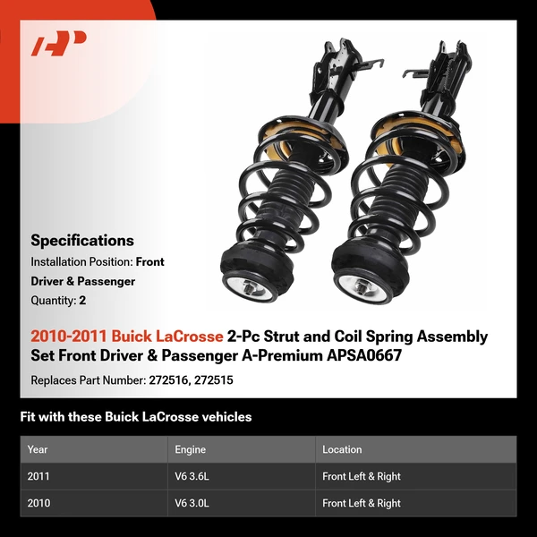 2010-2011 Buick LaCrosse 2-Pc Strut and Coil Spring Assembly Set Front Driver & Passenger A-Premium APSA0667