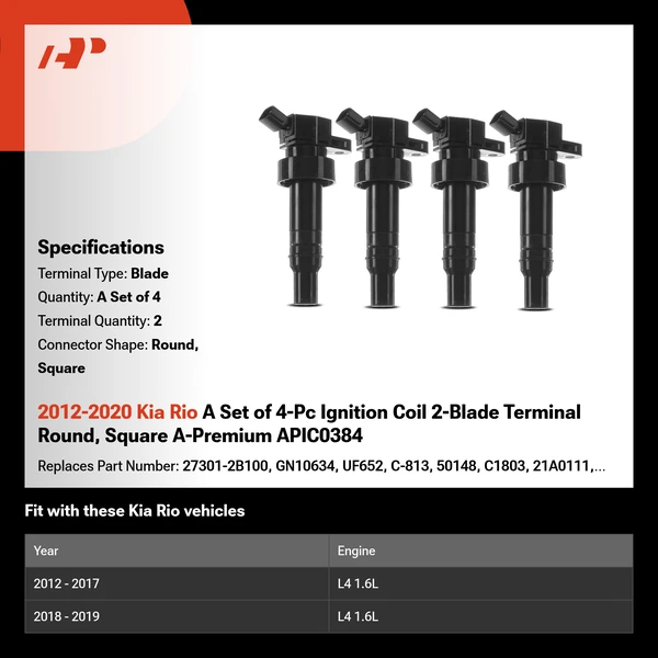 2012-2020 Kia Rio A Set of 4-Pc Ignition Coil 2-Blade Terminal Round, Square A-Premium APIC0384