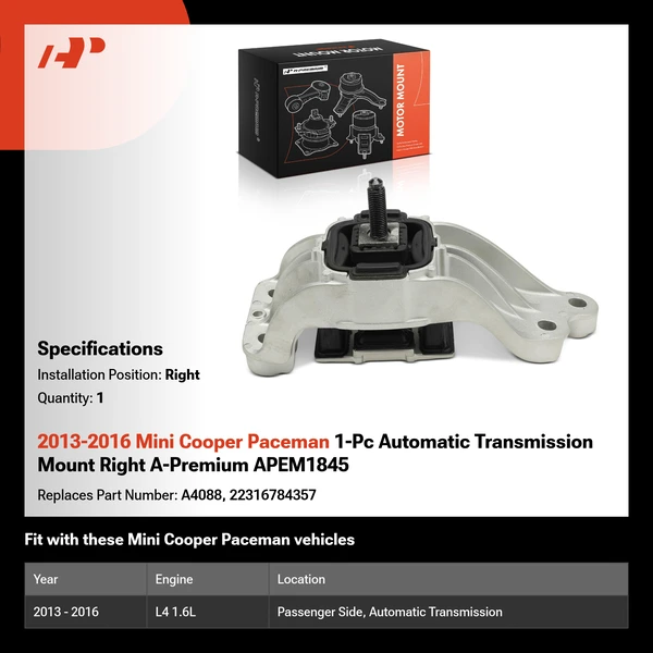 2013-2016 Mini Cooper Paceman 1-Pc Automatic Transmission Mount Right A-Premium APEM1845