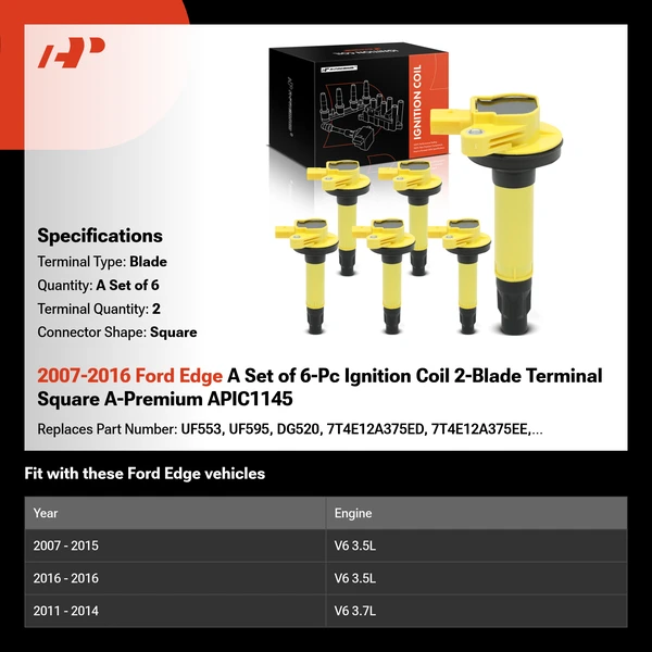 2007-2016 Ford Edge A Set of 6-Pc Ignition Coil 2-Blade Terminal Square A-Premium APIC1145