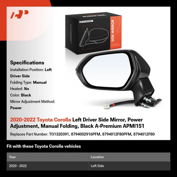 2020-2022 Toyota Corolla Left Driver Side Mirror, Power Adjustment, Manual Folding, Black A-Premium APMI151