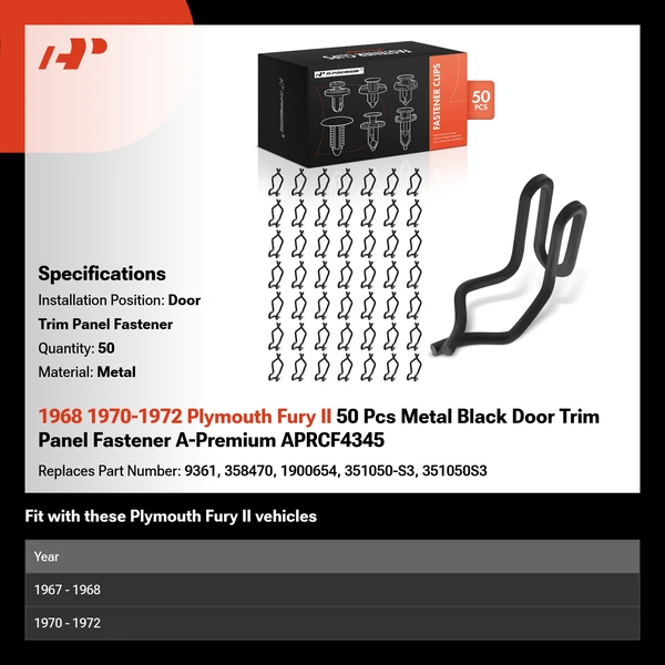1968 1970-1972 Plymouth Fury II 50 Pcs Metal Black Door Trim Panel Fastener A-Premium APRCF4345