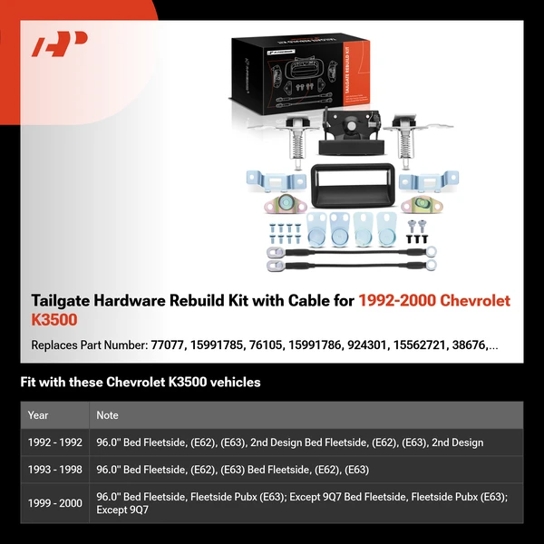 Tailgate Hardware Rebuild Kit with Cable for 1992-2000 Chevrolet K3500