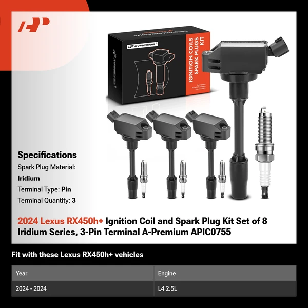 2024 Lexus RX450h+ Ignition Coil and Spark Plug Kit Set of 8 Iridium Series, 3-Pin Terminal A-Premium APIC0755