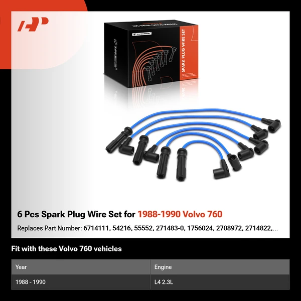 6 Pcs Spark Plug Wire Set for 1988-1990 Volvo 760