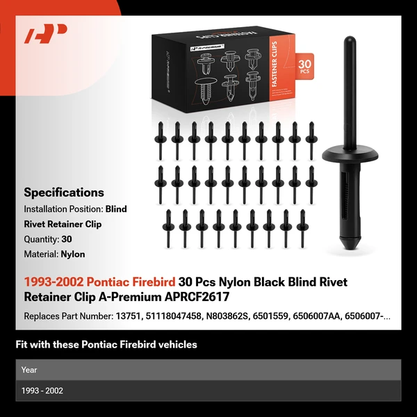 1993-2002 Pontiac Firebird 30 Pcs Nylon Black Blind Rivet Retainer Clip A-Premium APRCF2617