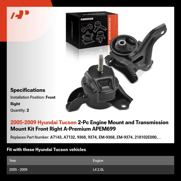 2005-2009 Hyundai Tucson 2-Pc Engine Mount and Transmission Mount Kit Front Right A-Premium APEM699