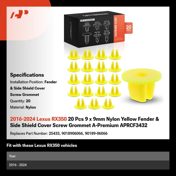 2016-2024 Lexus RX350 20 Pcs 9 x 9mm Nylon Yellow Fender & Side Shield Cover Screw Grommet A-Premium APRCF3432