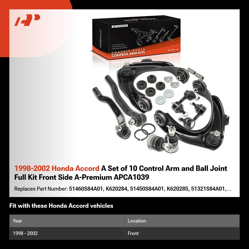 1998-2002 Honda Accord A Set of 10 Control Arm and Ball Joint Full Kit Front Side A-Premium APCA1039