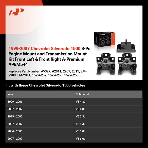 1999-2007 Chevrolet Silverado 1500 3-Pc Engine Mount and Transmission Mount Kit Front Left & Front Right A-Premium APEM544