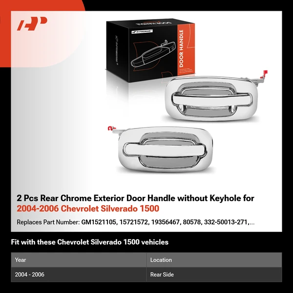 2 Pcs Rear Chrome Exterior Door Handle without Keyhole for 2004-2006 Chevrolet Silverado 1500