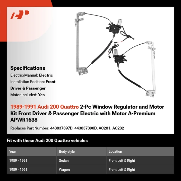 1989-1991 Audi 200 Quattro 2-Pc Window Regulator and Motor Kit Front Driver & Passenger Electric with Motor A-Premium APWR1638