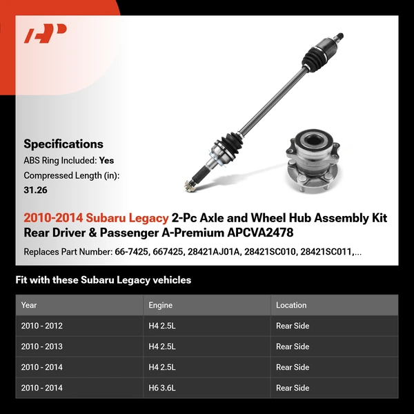 2010-2014 Subaru Legacy 2-Pc Axle and Wheel Hub Assembly Kit Rear Driver & Passenger A-Premium APCVA2478
