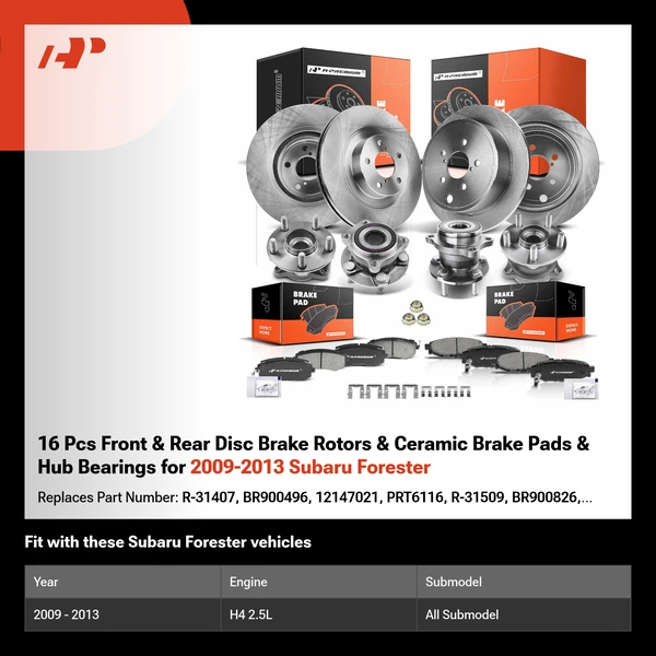16 Pcs Front & Rear Disc Brake Rotors & Ceramic Brake Pads & Hub Bearings for 2009-2013 Subaru Forester